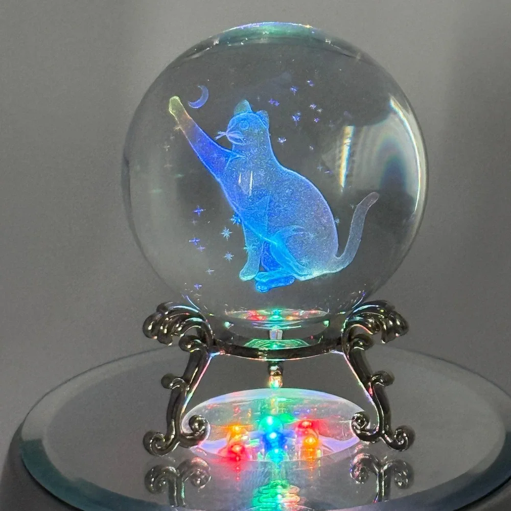3D Laser Etched Crystal Ball Celestial Cat Moon Stars with Silver Tripod Stand
